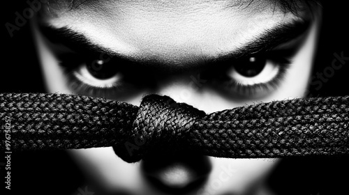 Silent Fury: A black and white portrait of a determined individual, their intense gaze fixed above a tightly bound black belt, hinting at inner strength and resilience. photo