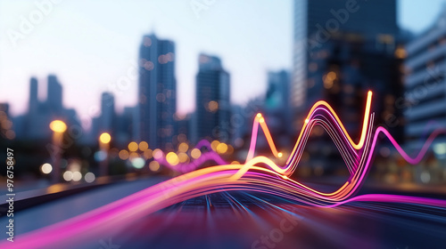 A vibrant cityscape with colorful light trails representing income streams, showcasing dynamic urban environment. blurred background adds depth and energy to scene