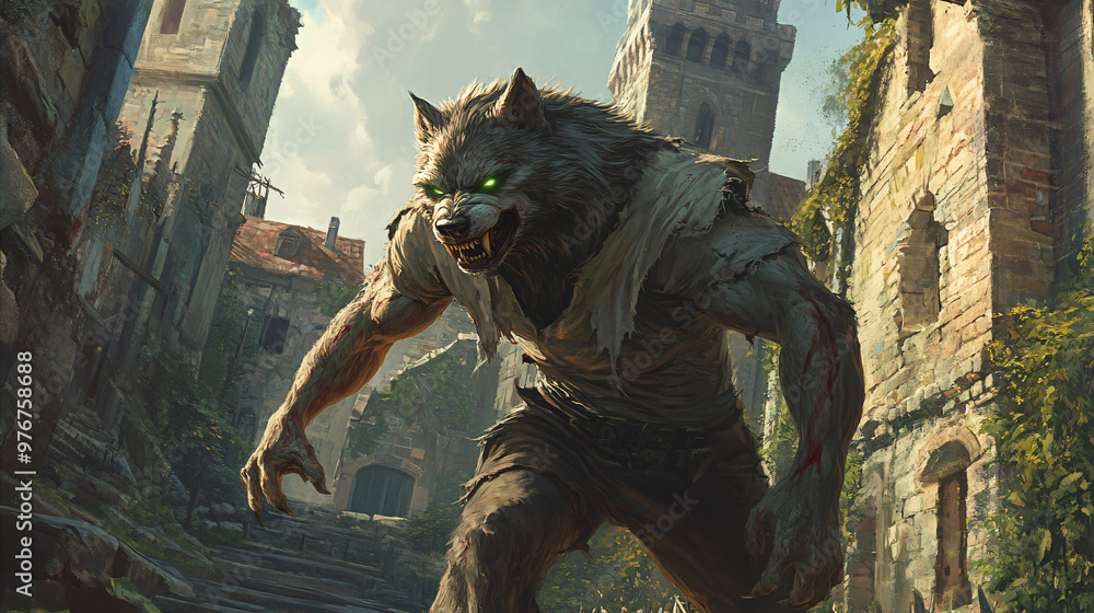 Fototapeta premium A werewolf with a torn shirt and glowing green eyes, sneaking through the ruins of a medieval village.