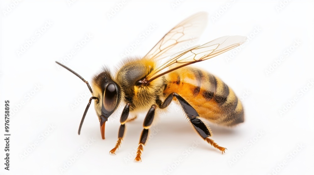 Close-up image of a bee with detailed features, showcasing its vibrant colors and intricate wings against a clean background. Close-up image of a bee with detailed features, showcasing its vibrant colors and intricate wings against a clean background.