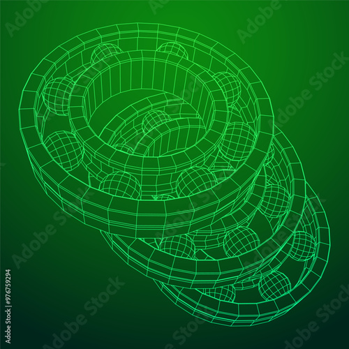 Roller bearing. Circular round rotating bearings used in industry for heavy equipment mechanical work and engineering. Wireframe low poly mesh vector illustration.