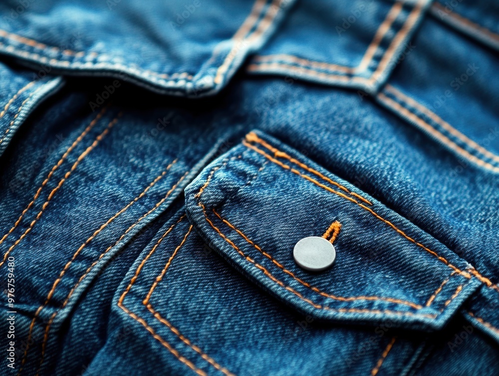 Fototapeta premium Close-up of denim fabric showcasing detailed stitching and a button, perfect for fashion or textile projects.