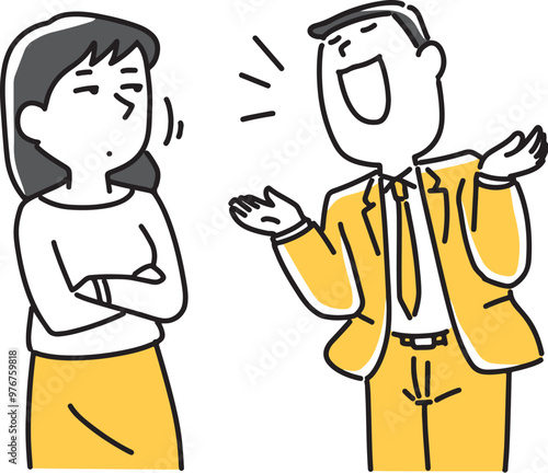 調子にのって話す男性と冷めた目の女性