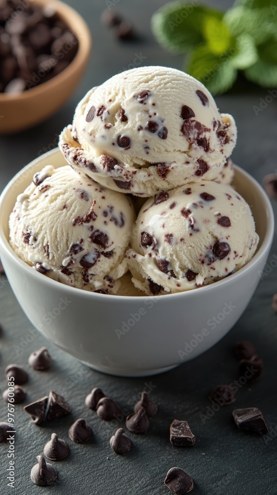 A bowl of chocolate chip ice cream scoops with chocolate chips. A bowl of chocolate chip ice cream scoops with chocolate chips.