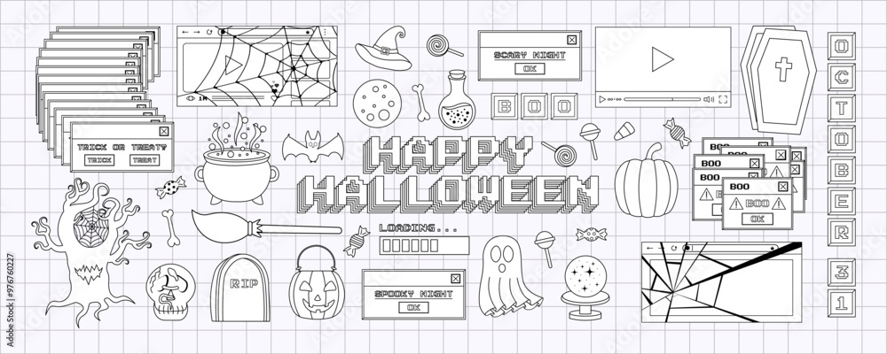 Big contour set of Halloween stickers in trendy y2k style. Old computer aesthetics of 90s, 00s. Retro PC elements, user interface. Vector illustration Big contour set of Halloween stickers in trendy y2k style. Old computer aesthetics of 90s, 00s. Retro PC elements, user interface. Vector illustration