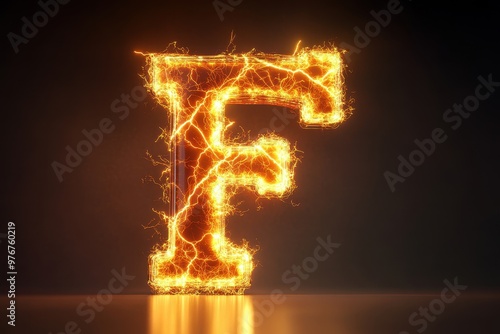 The letter F is lit up with fire and he is in a state of destruction photo