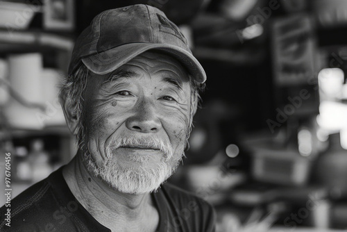 Iron worker, facial close-up, black and white photo