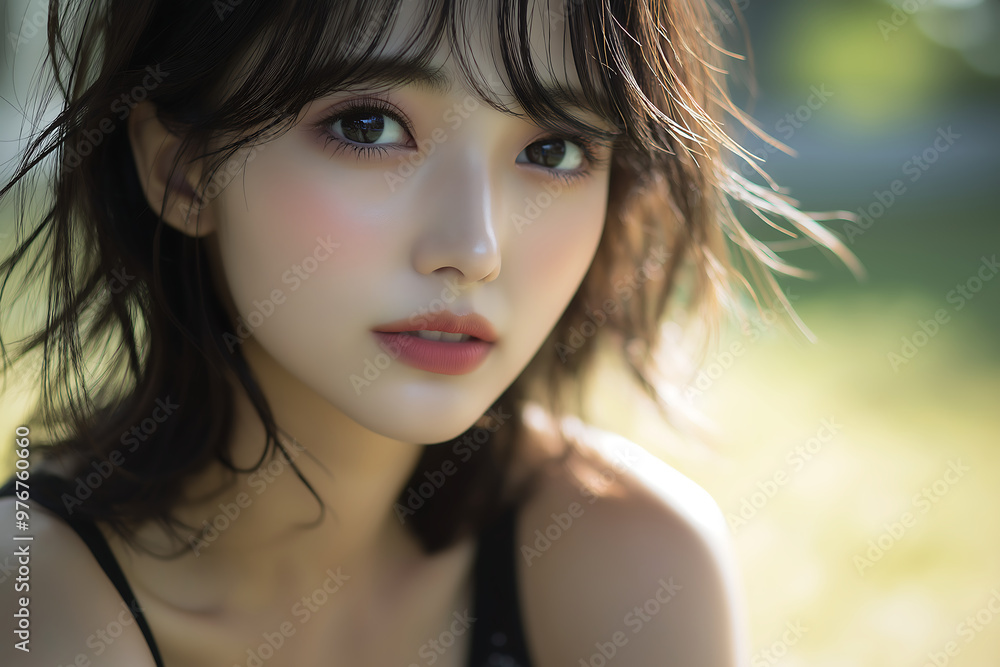 Attractive Chinese woman wearing camisole, close-up shot. Attractive Chinese woman wearing camisole, close-up shot.