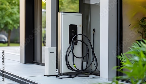 Modern home electric vehicle charging station with dedicated power unit for convenient domestic charging of EVs photo