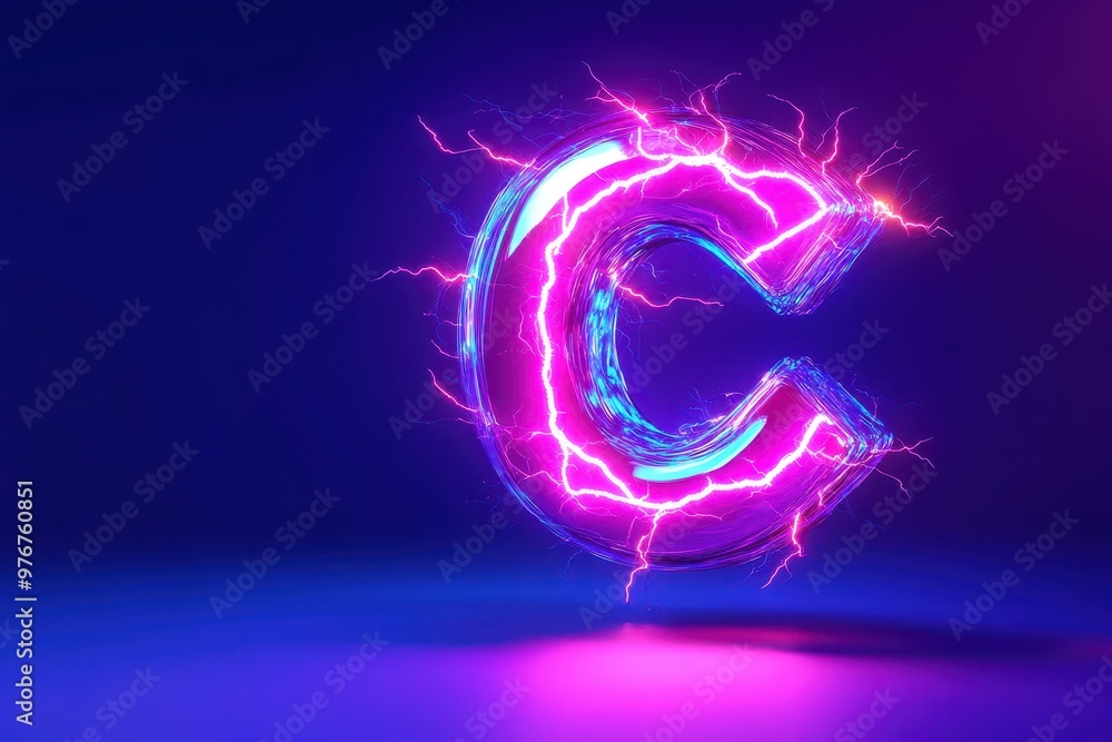 Fototapeta premium A purple C is lit up with bright purple and blue lights