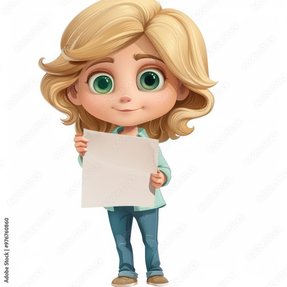 Little cute blonde girl in cartoon style illustration. Schoolgirl, student holds blank sheet of paper for text. Child with homework, test. White background
Little cute blonde girl in cartoon style illustration. Schoolgirl, student holds blank sheet of paper for text. Child with homework, test. White background