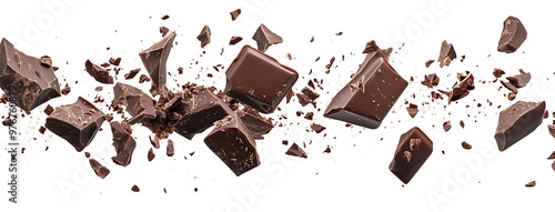 Levitating milk chocolate chunks isolated on white background. Broken chocolate bar pieces and cocoa crumbs explotion on white background. Chocolate collection. Generative Ai