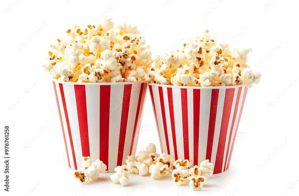 Popcorn box. Red and white striped buckets of salted popcorn isolated on white background. Cinema and entertainment concept. Movie night with popcorn. Generative Ai Popcorn box. Red and white striped buckets of salted popcorn isolated on white background. Cinema and entertainment concept. Movie night with popcorn. Generative Ai