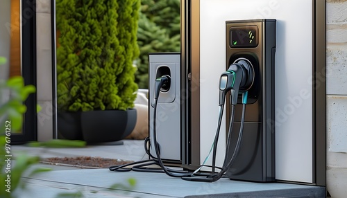 Modern home electric vehicle charging station with dedicated power unit for convenient domestic charging of EVs photo