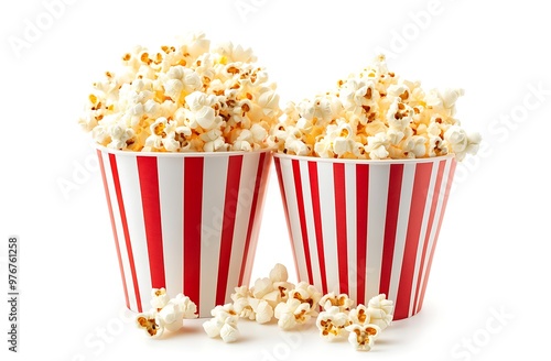 Popcorn box. Red and white striped buckets of salted popcorn isolated on white background. Cinema and entertainment concept. Movie night with popcorn. Generative Ai