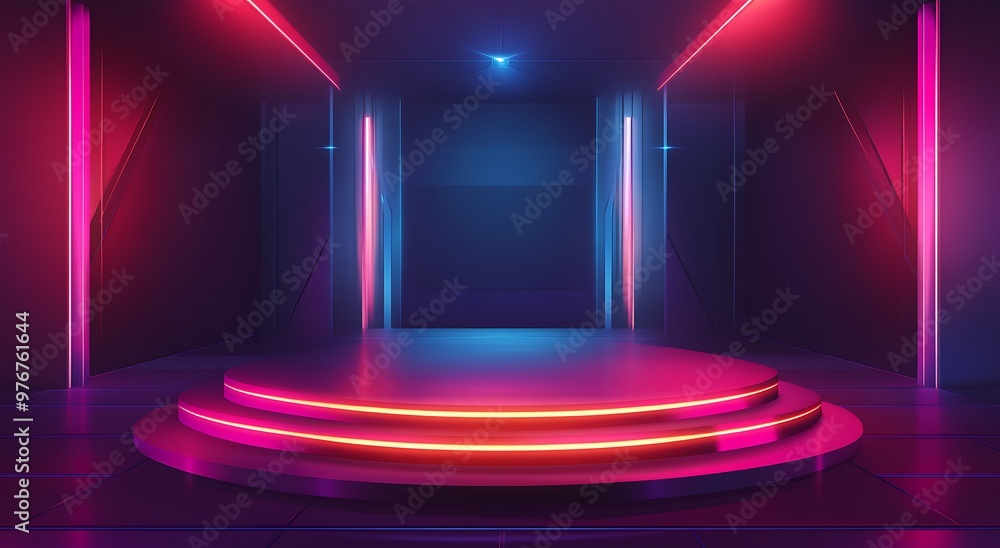 Realistic podium with glowing neon lamps and light lines in futuristic gaming design. Display scene game for presentation gamer. Empty show room with 3d stage background. Generative Ai Realistic podium with glowing neon lamps and light lines in futuristic gaming design. Display scene game for presentation gamer. Empty show room with 3d stage background. Generative Ai