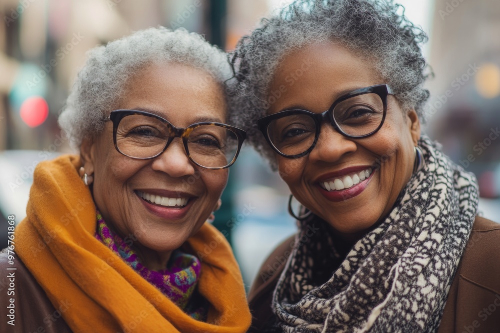 close-up of two happy elderly black women in the city smiling at the camera close-up of two happy elderly black women in the city smiling at the camera