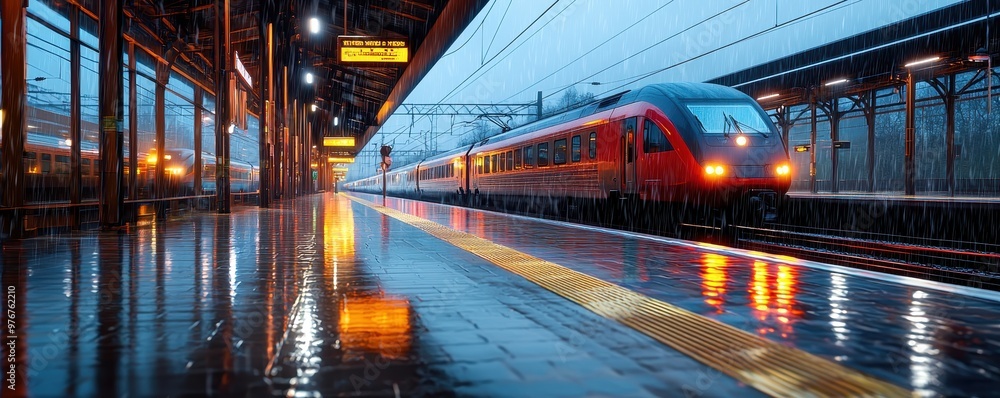 A vibrant red train arrives at a rain-soaked station, reflecting lights on wet pavement under a serene blue sky. A vibrant red train arrives at a rain-soaked station, reflecting lights on wet pavement under a serene blue sky.