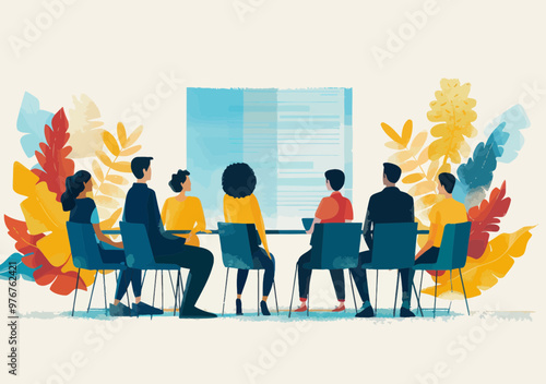 Business Team Learning from Teacher During Daytime Session, Minimalistic Vector Illustration of Education, Teamwork, and Professional Development, Colorful Business Environment