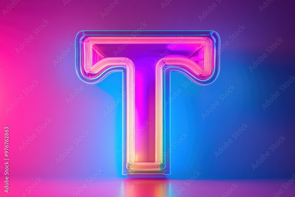 The letter T is glowing in neon colors and is lit up against a dark background The letter T is glowing in neon colors and is lit up against a dark background