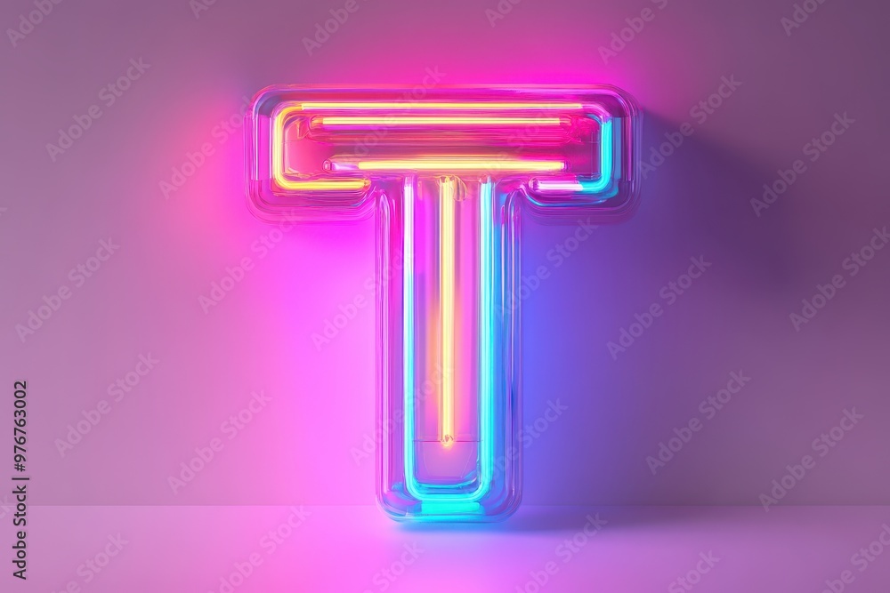 The letter T is glowing in neon colors and is lit up against a dark background The letter T is glowing in neon colors and is lit up against a dark background