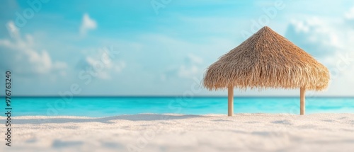 Tropical beach scene featuring a thatched hut on soft sand with a serene ocean in the background and clear blue sky above.