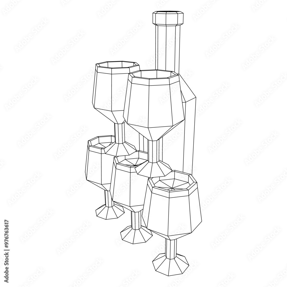 Wine bottle with wine glass. Wireframe low poly mesh vector illustration Wine bottle with wine glass. Wireframe low poly mesh vector illustration