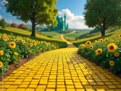 A vibrant pathway of yellow bricks leads towards a distant green castle surrounded by blooming sunflowers on a sunny day yellow brick road  photo