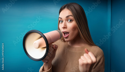 mujer de tiro medio hablando con megáfono en fondo blanco  photo