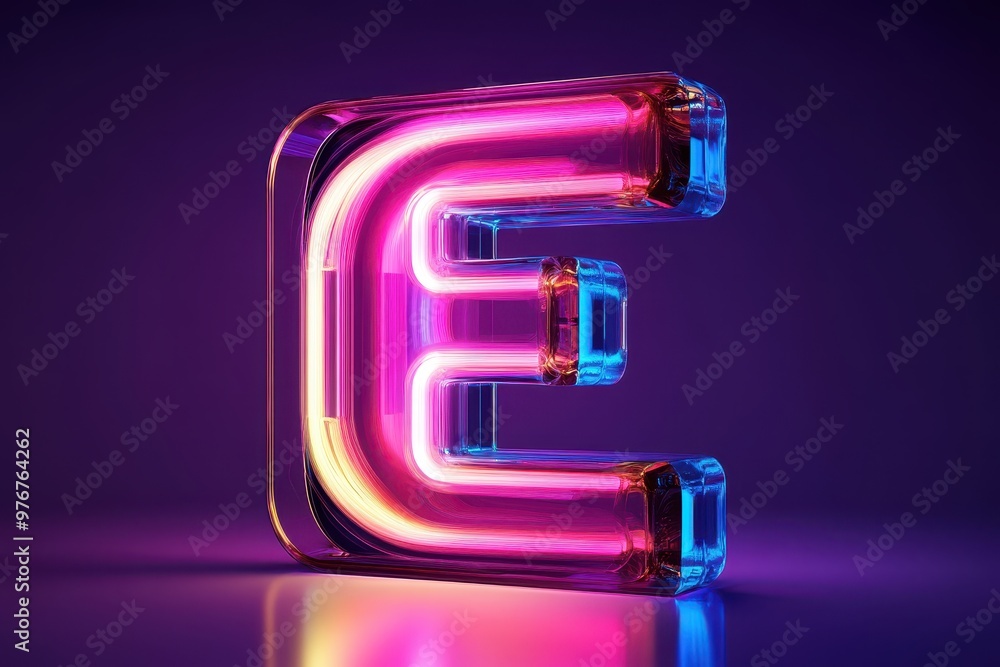 The letter E is made of neon lights and is glowing in a purple hue The letter E is made of neon lights and is glowing in a purple hue