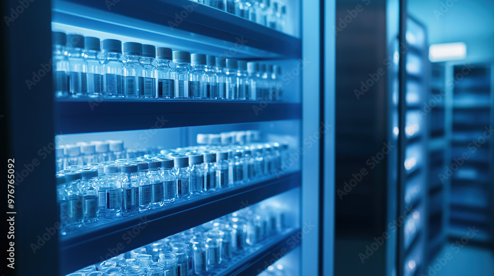 Laboratory Shelves Illuminated by Blue Light with Medical Vials Laboratory Shelves Illuminated by Blue Light with Medical Vials