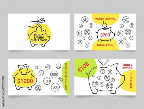 Engaging money saving challenge cards illustrated with piggy banks representing savings goals and amounts for participants in a fun activity