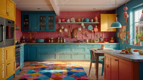 Modern kitchen interior design with abundant natural light streaming through large windows - Generative AI