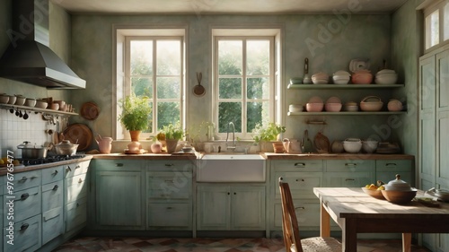 Modern kitchen interior design with abundant natural light streaming through large windows - Generative AI