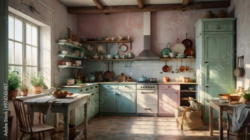 Modern kitchen interior design with abundant natural light streaming through large windows - Generative AI