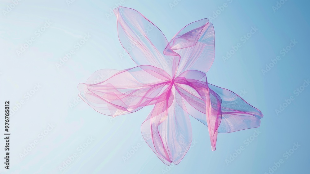 Fototapeta premium Abstract background. Windows wallpaper, Delicate, petal-shaped flower made of translucent gauze lace material, floating in the air with clear and intricate lines. Light blue sky, minimalist style