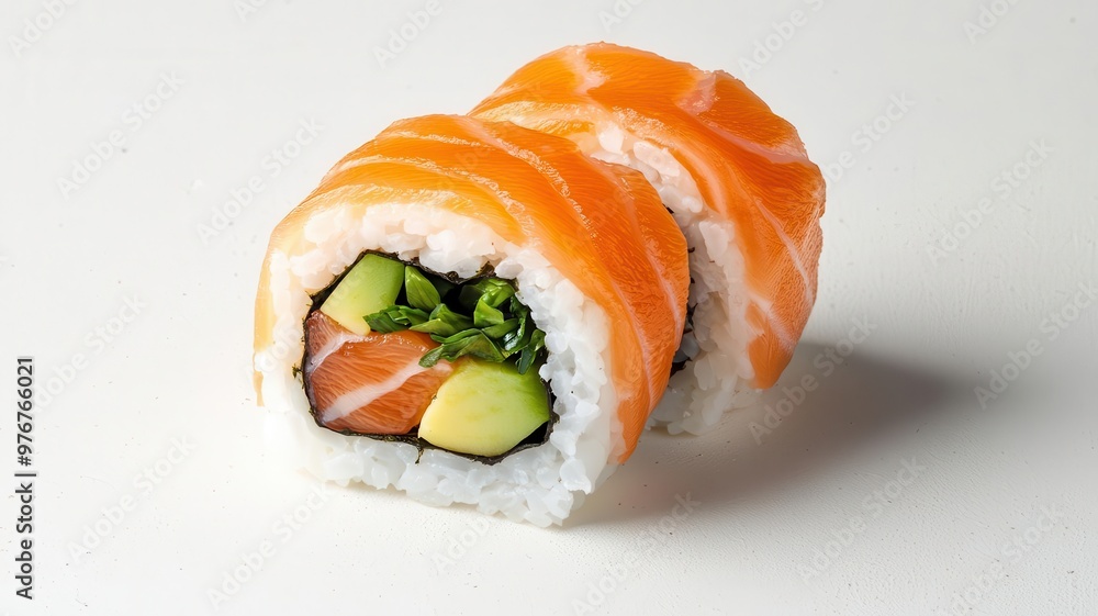 Layered sushi rolls, with rice, fish, and avocado crosssection, 3D illustration Layered sushi rolls, with rice, fish, and avocado crosssection, 3D illustration