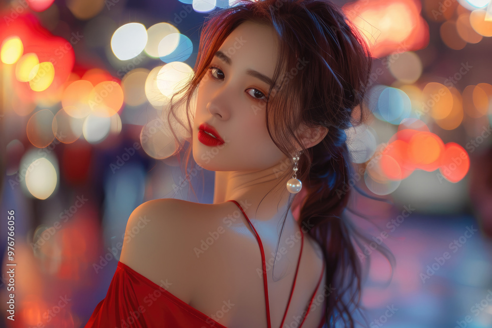 At night, a young woman wearing a red dress At night, a young woman wearing a red dress