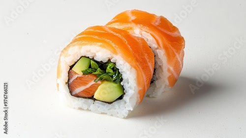 Layered sushi rolls, with rice, fish, and avocado crosssection, 3D illustration