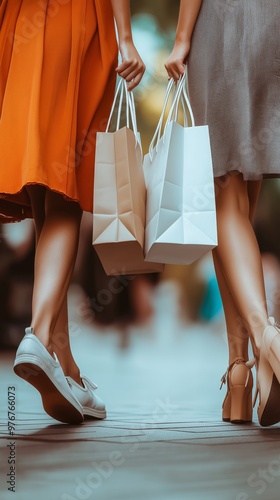 Two Women Walking with Shopping Bags on City Street. Back view closeup shot of their shoes