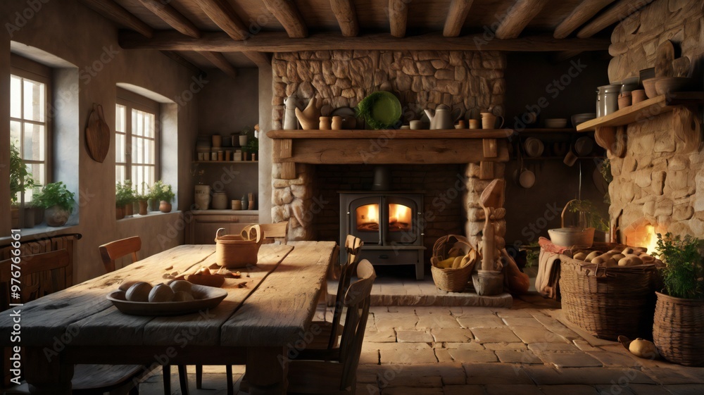 Fototapeta premium Modern kitchen interior design with abundant natural light streaming through large windows - Generative AI