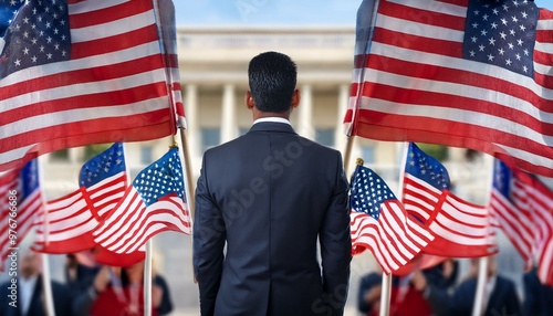 american flag standing in front of people holding American flags near an American government office