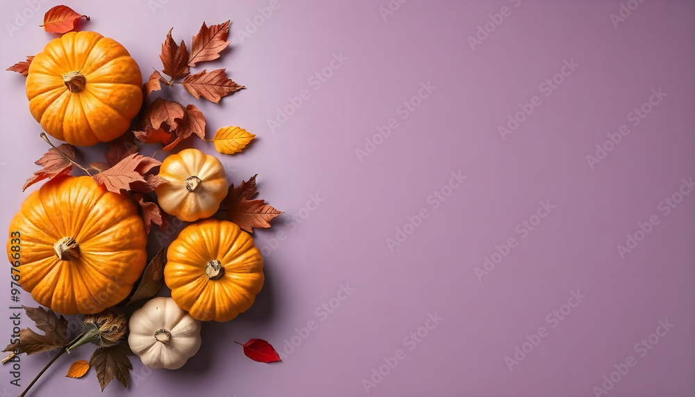 Orange and White Pumpkins with Autumn Leaves on Purple Background Orange and White Pumpkins with Autumn Leaves on Purple Background