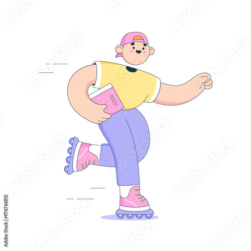 Teenager holds a book and rides on roller skates