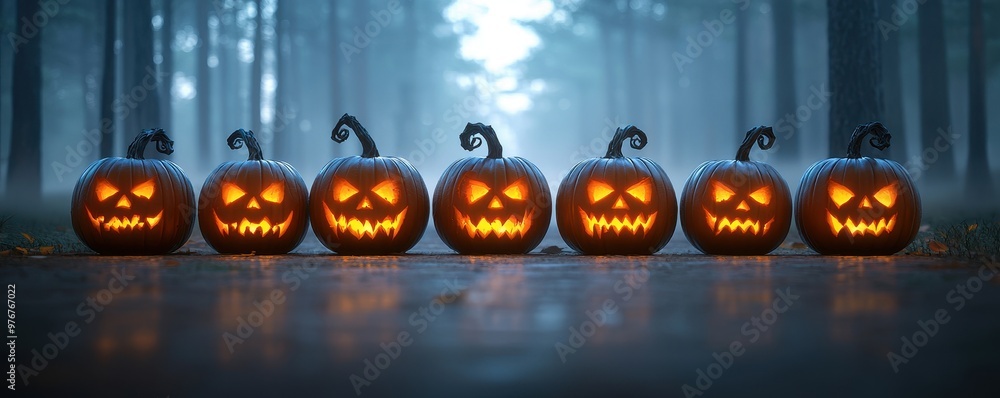 Eerie Halloween pumpkins glow in a foggy forest, showcasing spooky faces. Perfect for Halloween-themed projects and decorations.