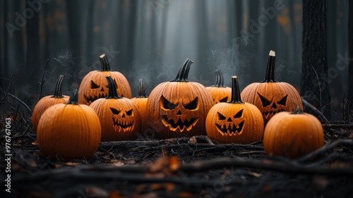 Spooky Halloween pumpkins with carved faces glowing in a dark, misty forest setting, perfect for seasonal decorations.