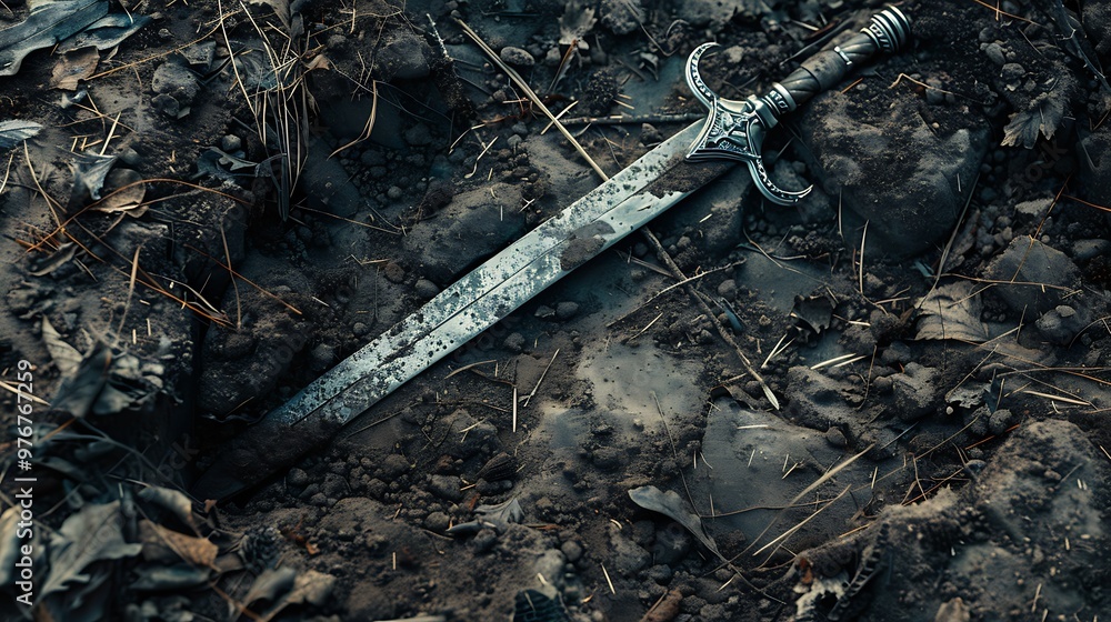 A a blade sword buried within the dirt A a blade sword buried within the dirt