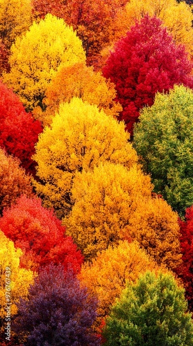 Vibrant autumn foliage in a forest captured from above, showcasing a stunning array of red, yellow, orange, and green trees.