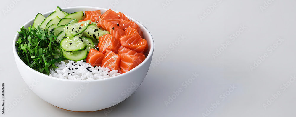 Colorful poke bowl, with layered fresh fish, rice, seaweed, and vegetables, 3D illustration Colorful poke bowl, with layered fresh fish, rice, seaweed, and vegetables, 3D illustration