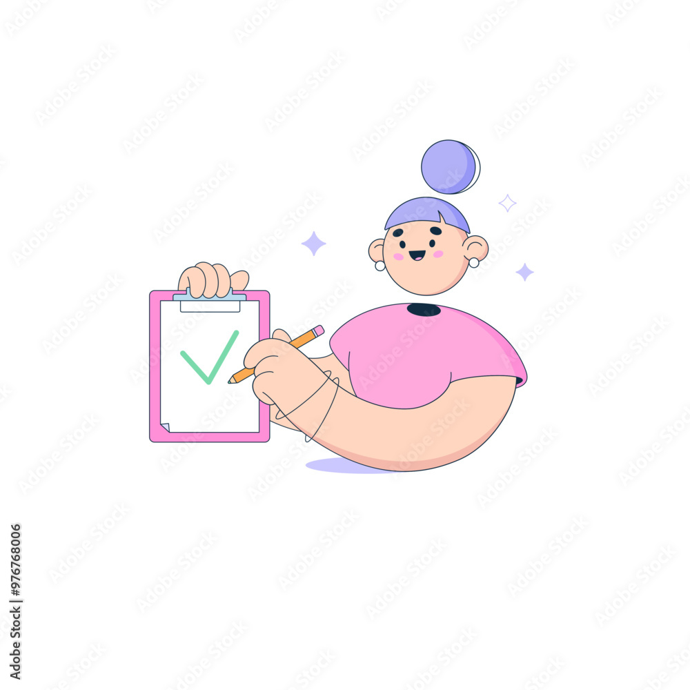 Woman holds a clipboard and draws a check mark Woman holds a clipboard and draws a check mark